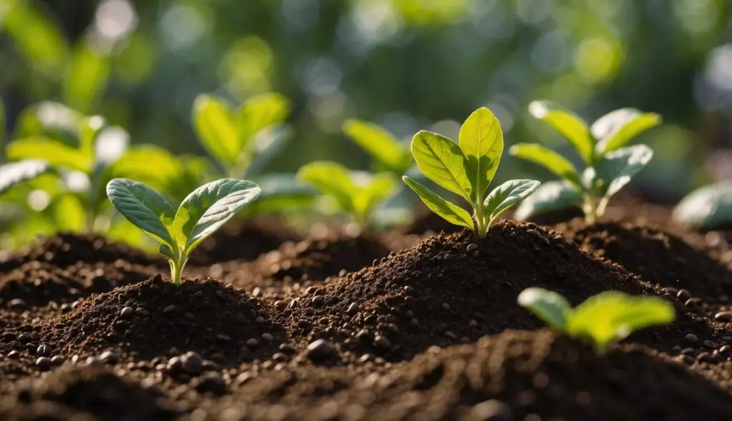 Young plants growing in soil enriched with coffee grounds, showcasing a natural, sustainable gardening practice.