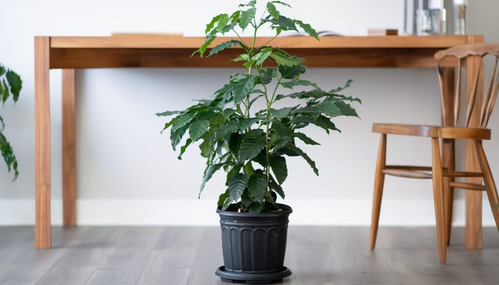 Indoor coffee plant with lush green leaves in a black pot, placed near a wooden desk and chair.