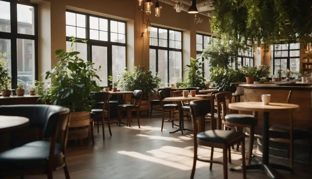 A cozy coffee house adorned with lush green plants, wooden tables, and comfortable seating, basked in the warm glow of sunlight filtering through large windows.