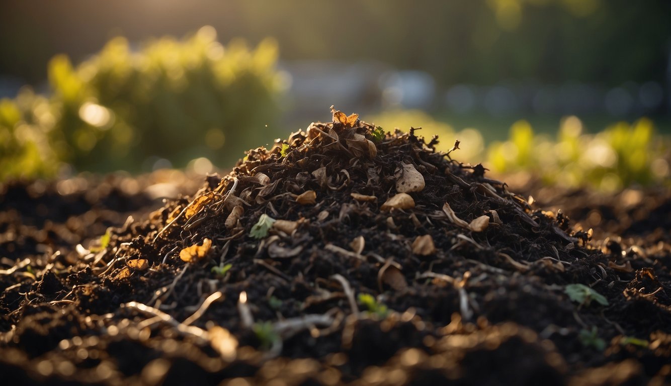 A compost pile enriched with various organic materials, basking in the soft glow of the sunset.