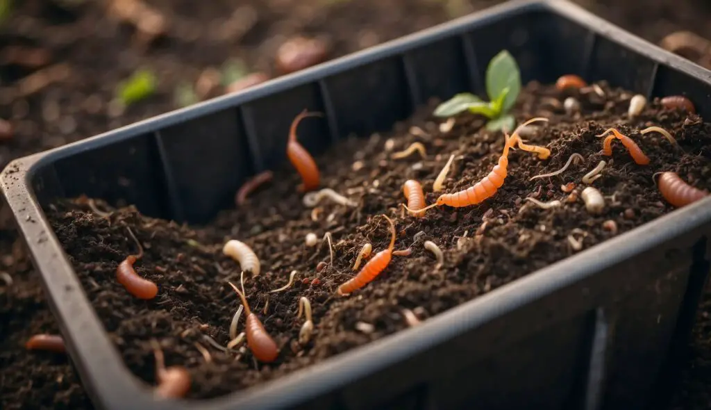 A close-up view of a DIY worm bin filled with soil, decomposing organic matter, and multiple worms.