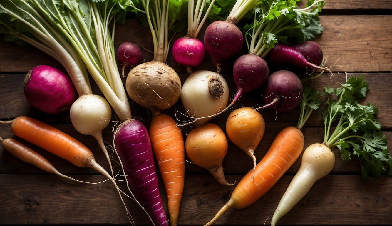 A variety of fresh root vegetables including carrots, beets, and turnips displayed on a wooden surface.