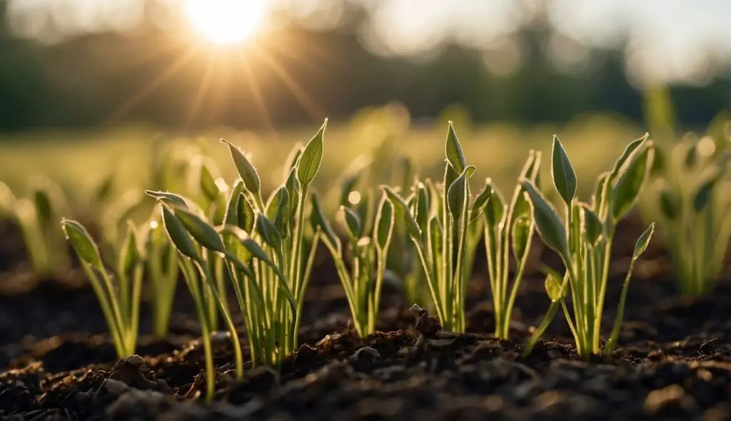 Young plants emerging from the soil, bathed in sunlight.