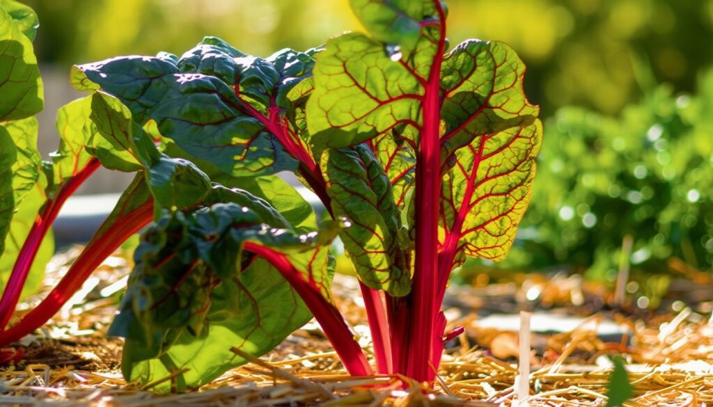 Rhubarb plant growing in full sunlight with large green leaves and red stalks in a garden bed.