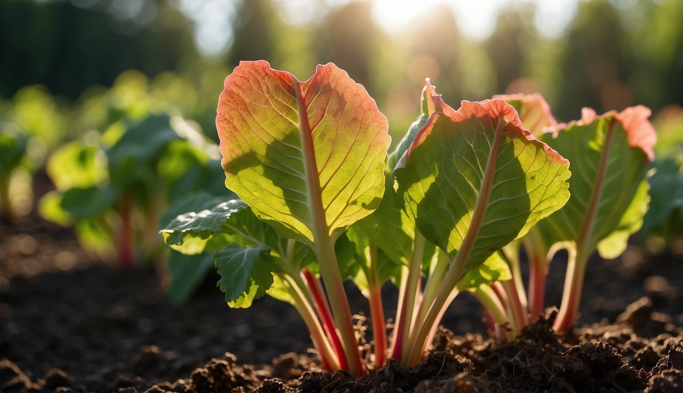 A close-up view of rhubarb plants growing in soil, bathed in sunlight.