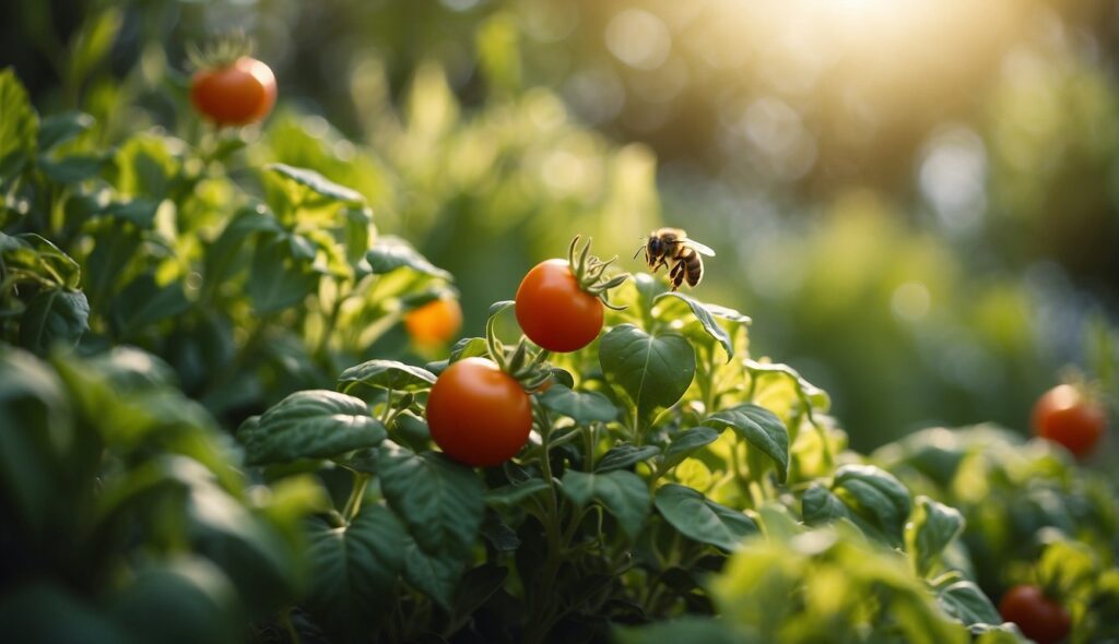 A bee hovering near ripe tomatoes growing amidst lush green leaves, illuminated by soft sunlight.