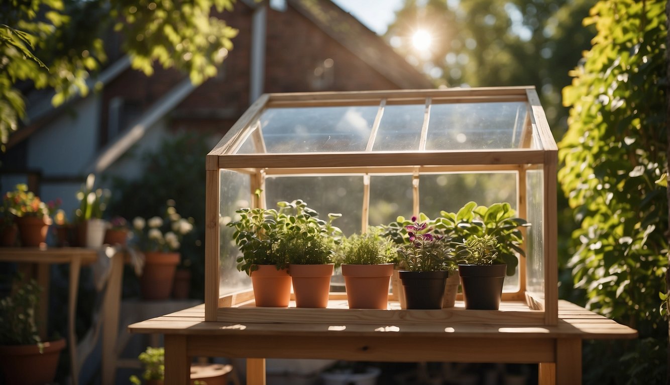 A small wooden greenhouse with a clear roof, housing various potted plants, basks in the sunlight in a garden setting.