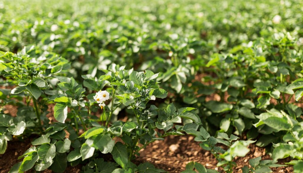 Field of potato plants with green leaves and white blossoms growing in neat rows.