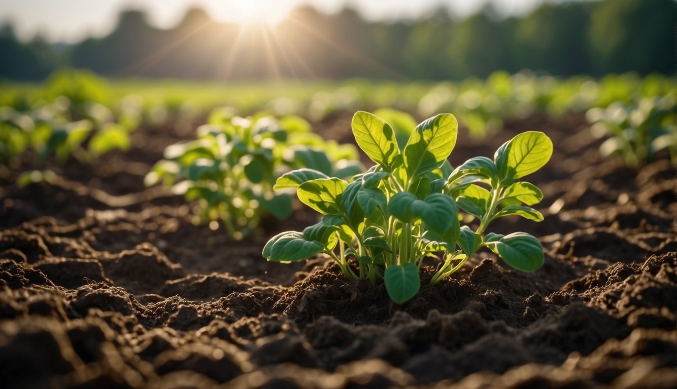 A young potato plant emerging from the fertile soil, bathed in the warm glow of a setting sun.