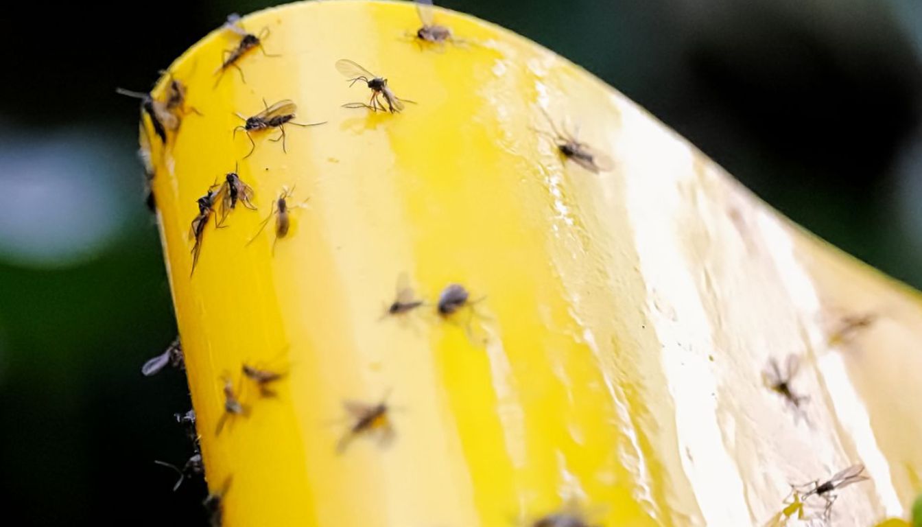 A close-up of several fungus gnats stuck on a yellow sticky trap, used for pest control.