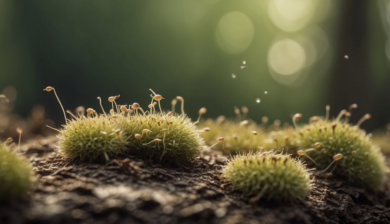 A close-up image of fungus gnats emerging from mossy mounds on a textured surface, illuminated by soft sunlight.