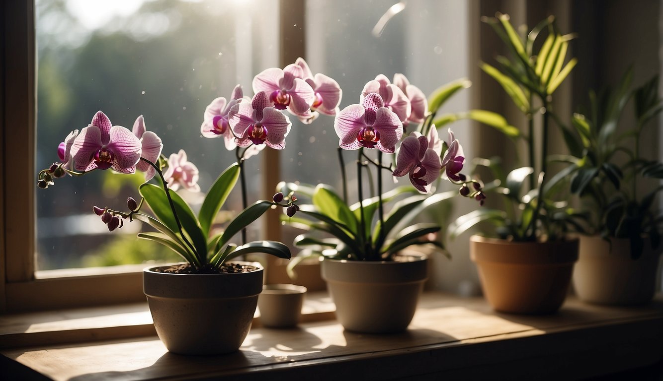A serene image of blooming pink orchids and green plants basking in the soft sunlight by a window, symbolizing growth and renewal.