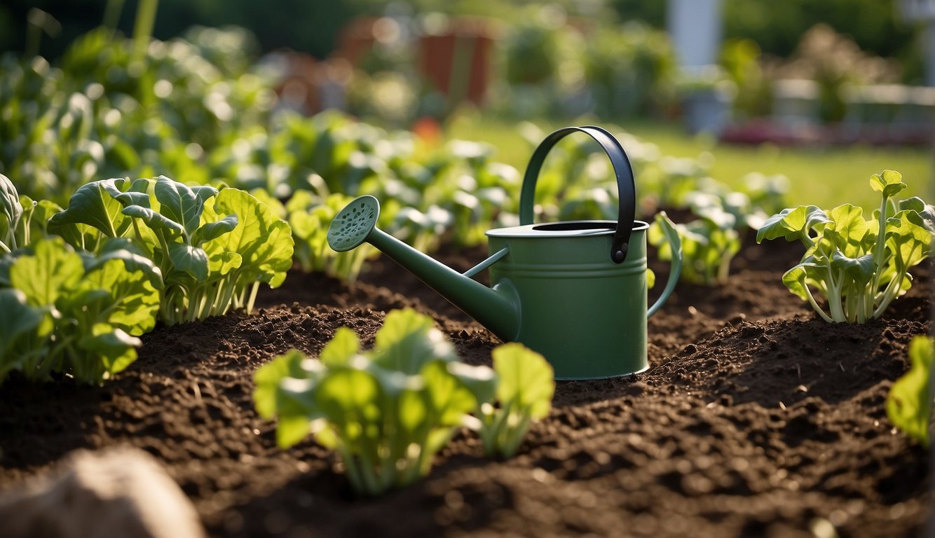 A green watering can amidst young, vibrant green vegetable plants in a garden.