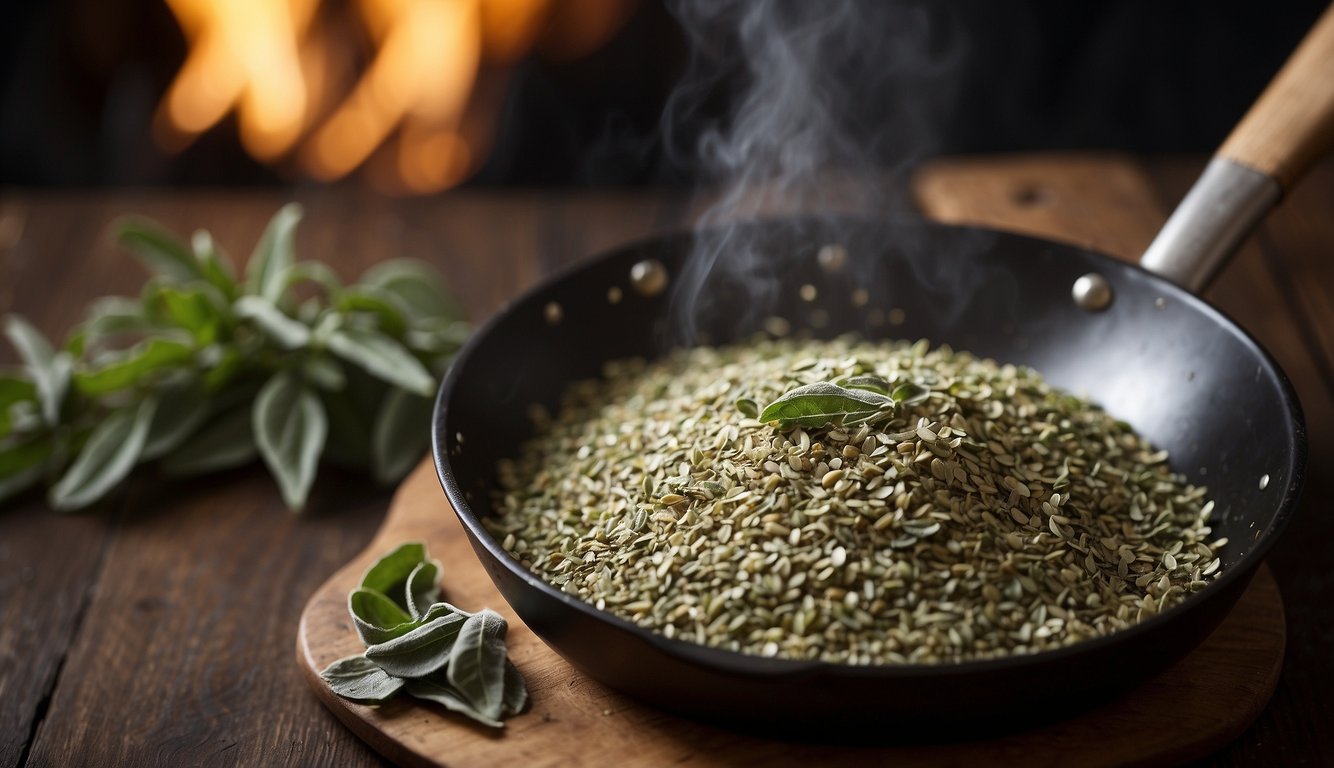 A pan full of ground sage with fresh sage leaves, emitting a warm aroma, placed on a wooden surface with a cozy fire in the background.