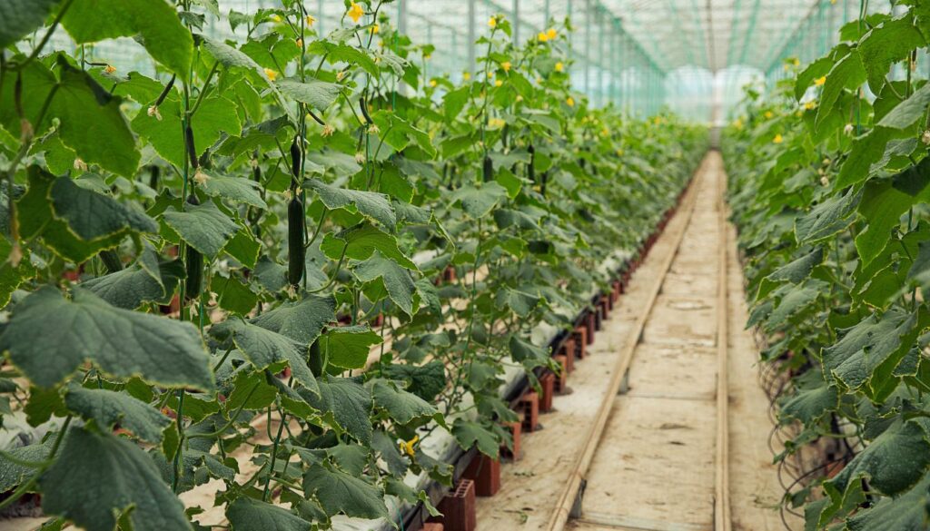 Greenhouse with cucumber plants growing vertically on trellises, producing long green cucumbers.