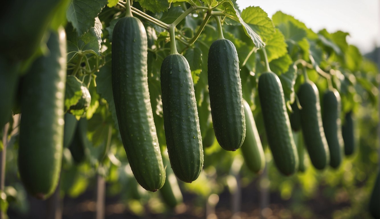 A row of fresh, green cucumbers hanging upside down from their vines in a garden.