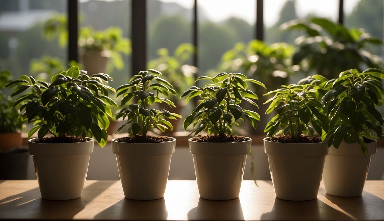 Four potted coffee plants thriving indoors, placed on a wooden surface against a backdrop of sunlit windows.