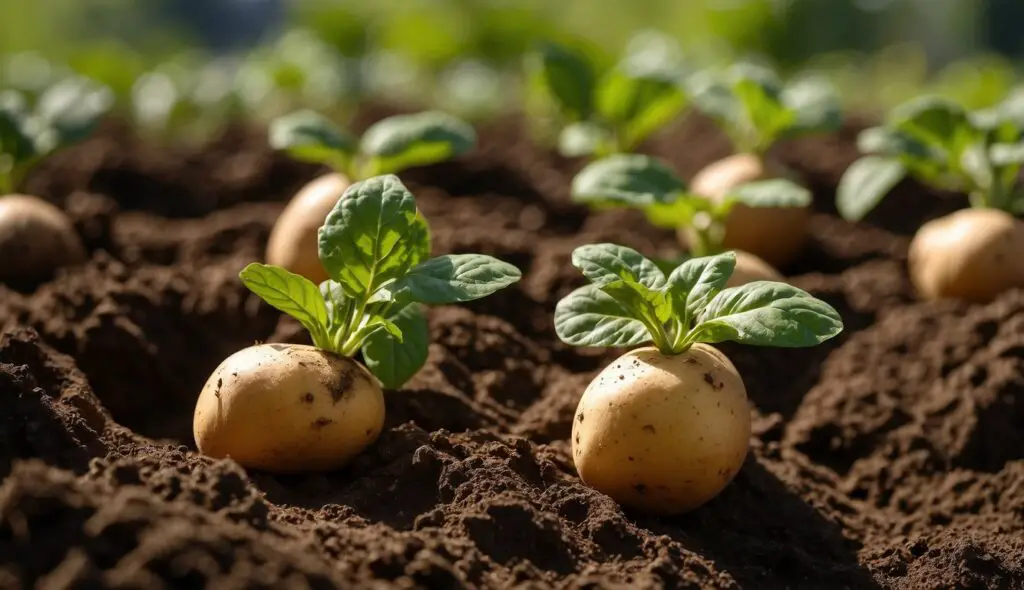 Young russet potato plants emerging from the soil, with sunlight illuminating the green leaves and the exposed potatoes.