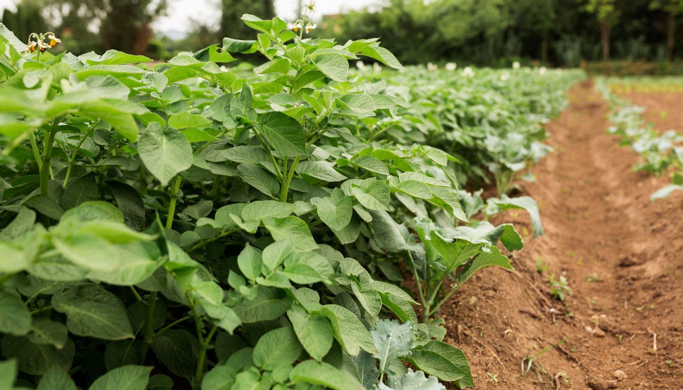Rows of green russet potato plants with broad leaves and white flowers growing in well-tilled soil.