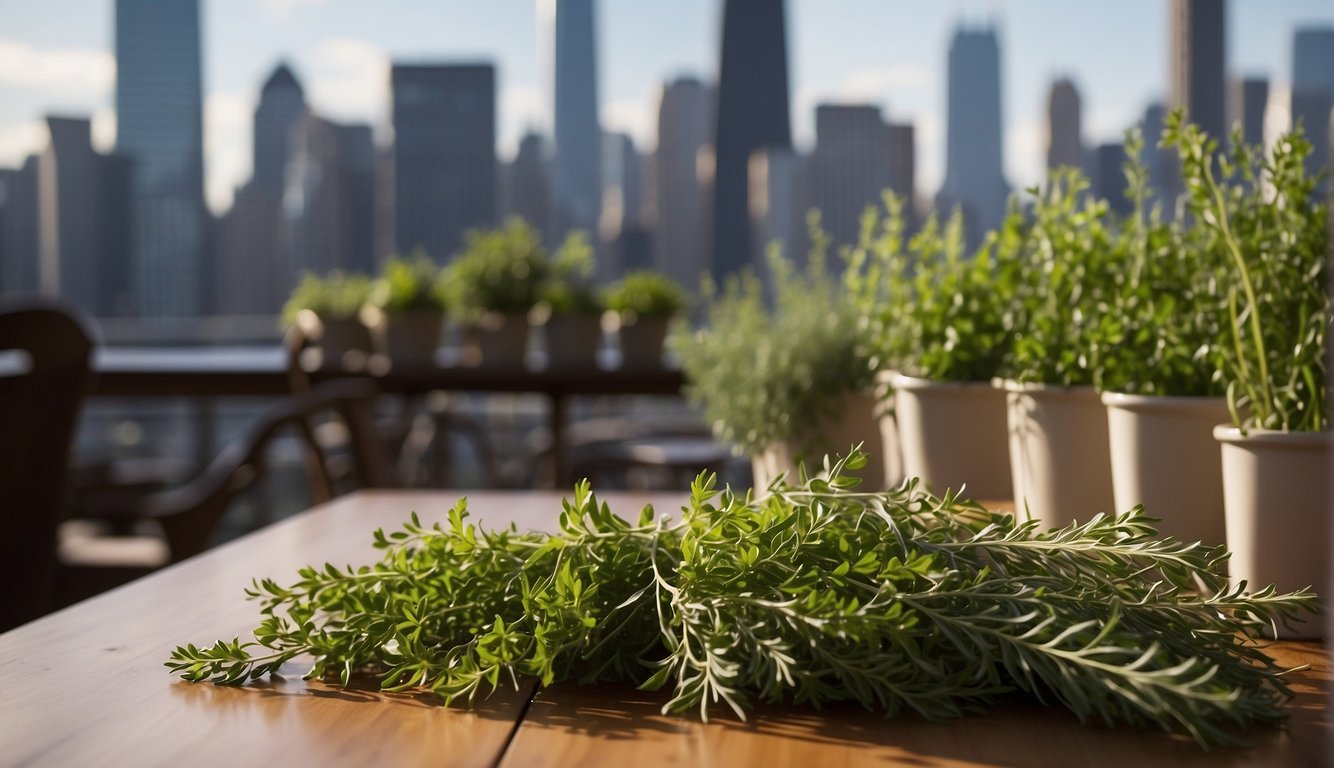 A bundle of fresh herbs lays on a wooden table with potted herbs and a cityscape in the background.