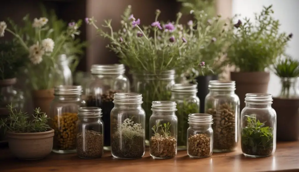 A variety of herbs and seeds stored in glass jars on a wooden surface, with potted plants in the background.