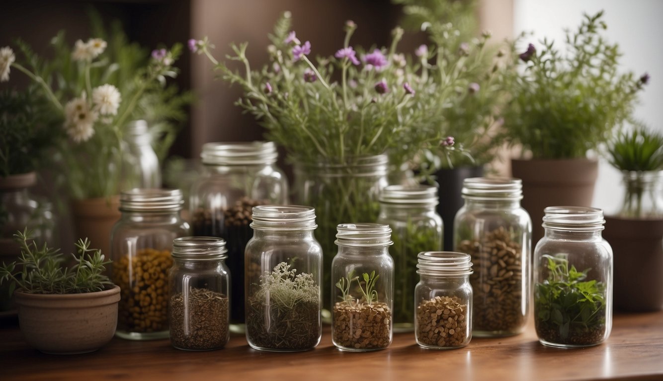 A variety of herbs and seeds stored in glass jars on a wooden surface, with potted plants in the background.