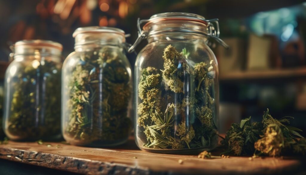 Glass jars filled with dried cannabis buds on a wooden counter at Herbal Remedies dispensary in Quincy, Illinois.