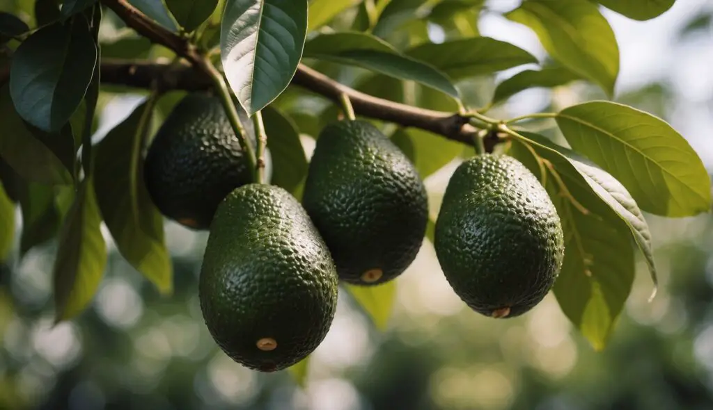 A close-up view of ripe avocados hanging from a tree, surrounded by lush green leaves.