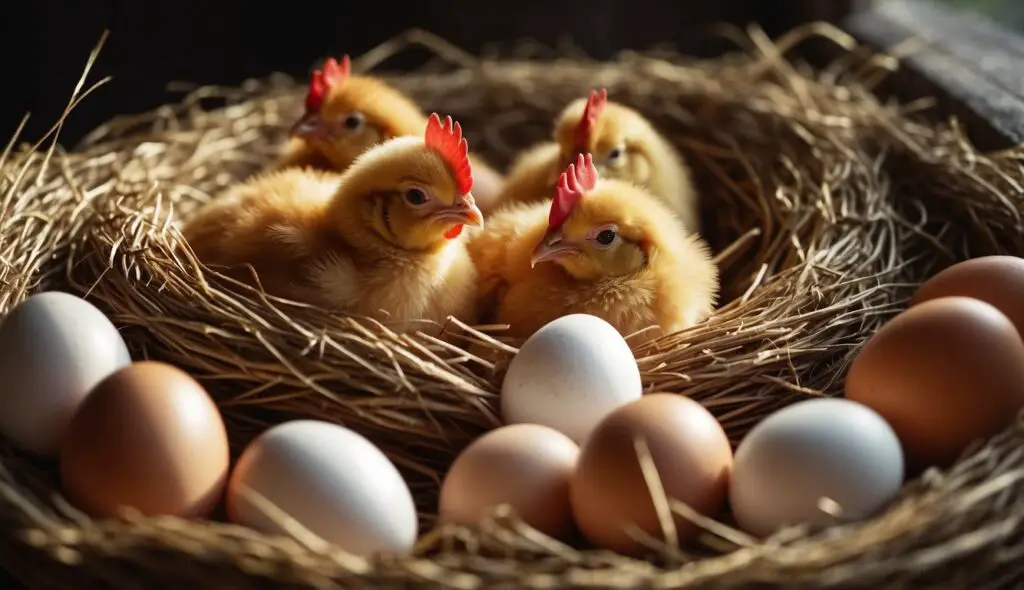 A nest with several chicks and a variety of eggs illuminated by natural light.