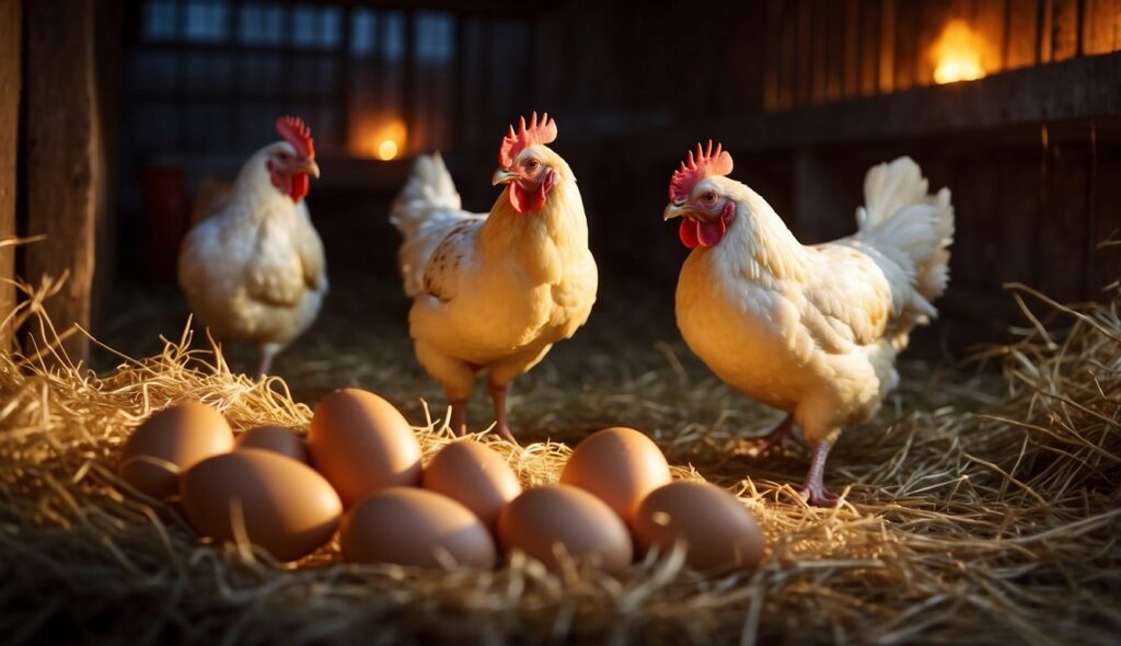 A group of chickens near a clutch of eggs in a cozy barn setting.