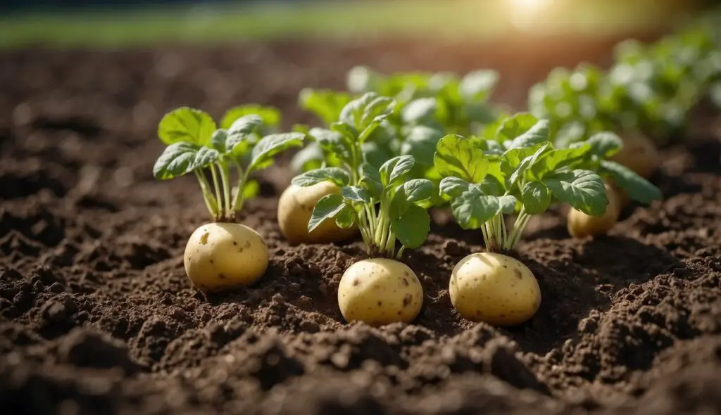 Potatoes growing in soil with their green leaves emerging above the ground, illuminated by sunlight.