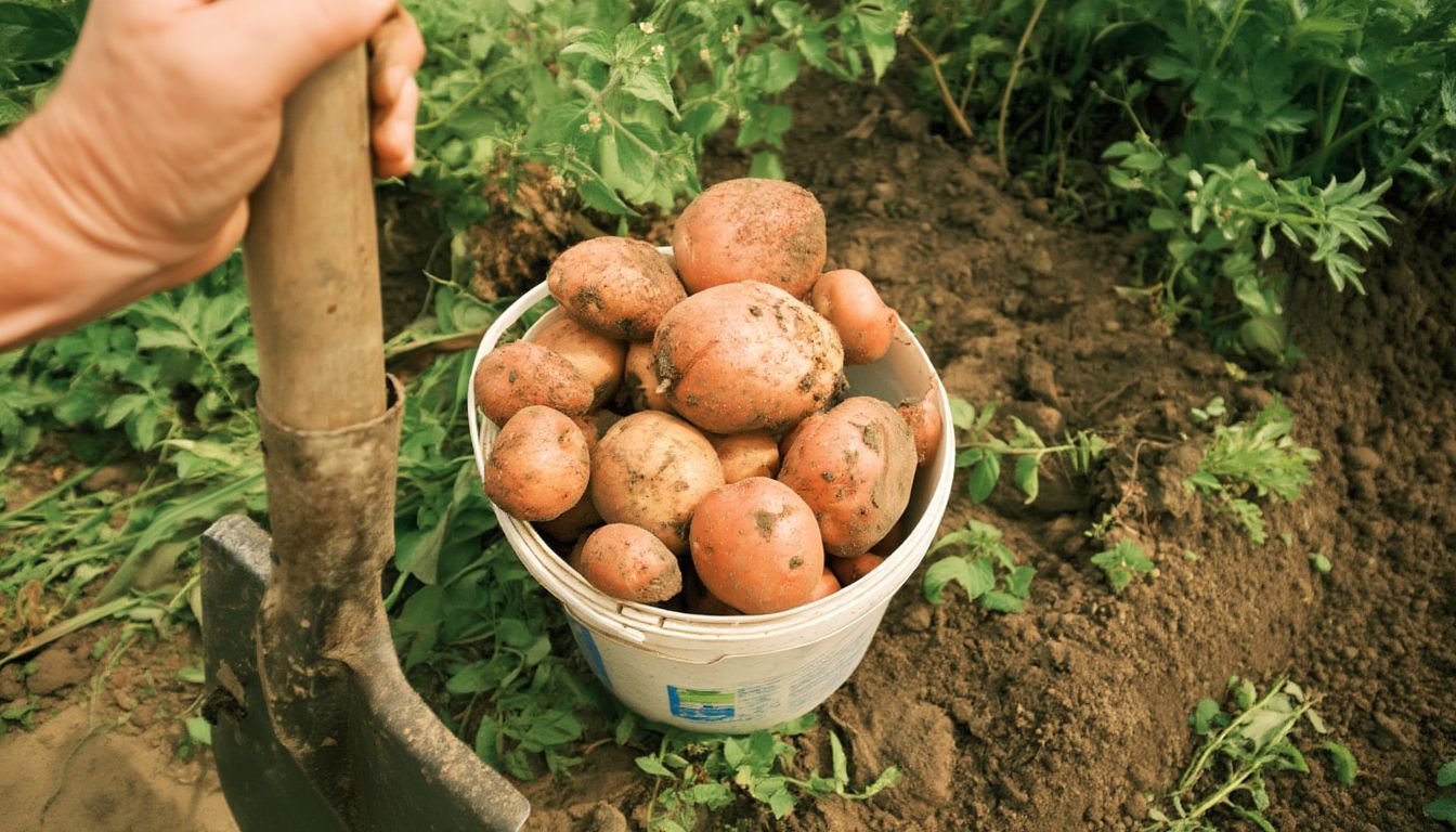 Freshly harvested potatoes in a bucket surrounded by soil and green potato plants in a garden.