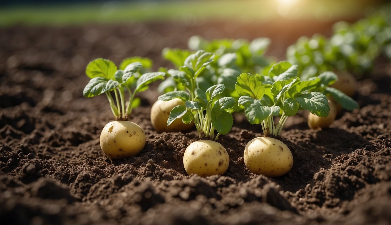 Potatoes growing in soil with their green leaves emerging above the ground, illuminated by sunlight.