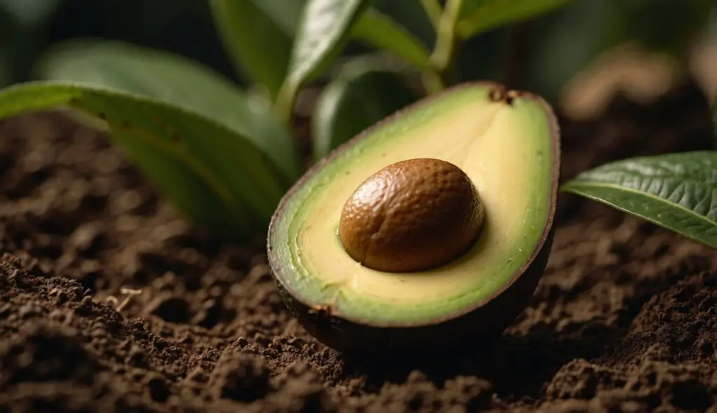 A close-up image of a halved avocado with a seed, surrounded by soil and green leaves.