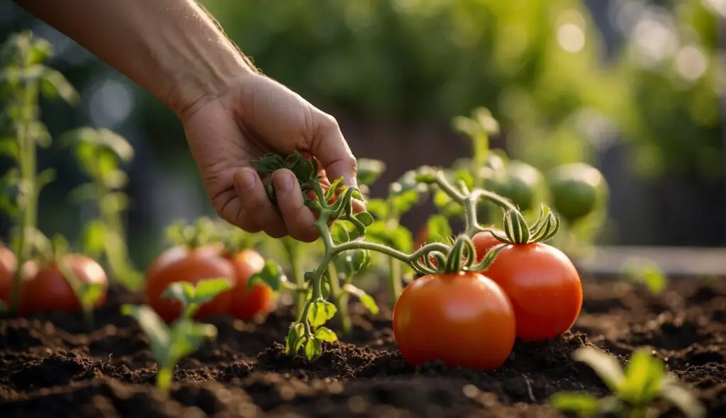 A person’s hand gently touching the green stems of tomato plants with ripe, red tomatoes nestled in rich, dark soil, illuminated by soft sunlight.