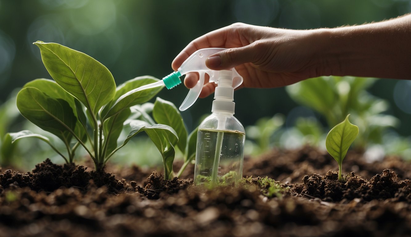 A person spraying a green liquid from a spray bottle onto young plants to remove scale.