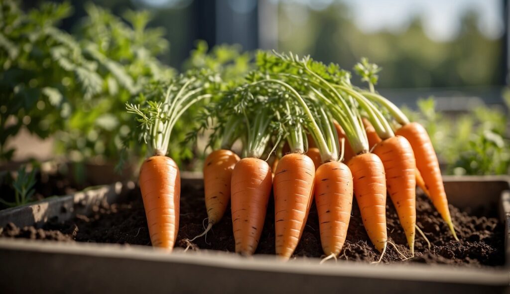 Freshly grown carrots in a container garden, showcasing vibrant orange roots and lush green tops.