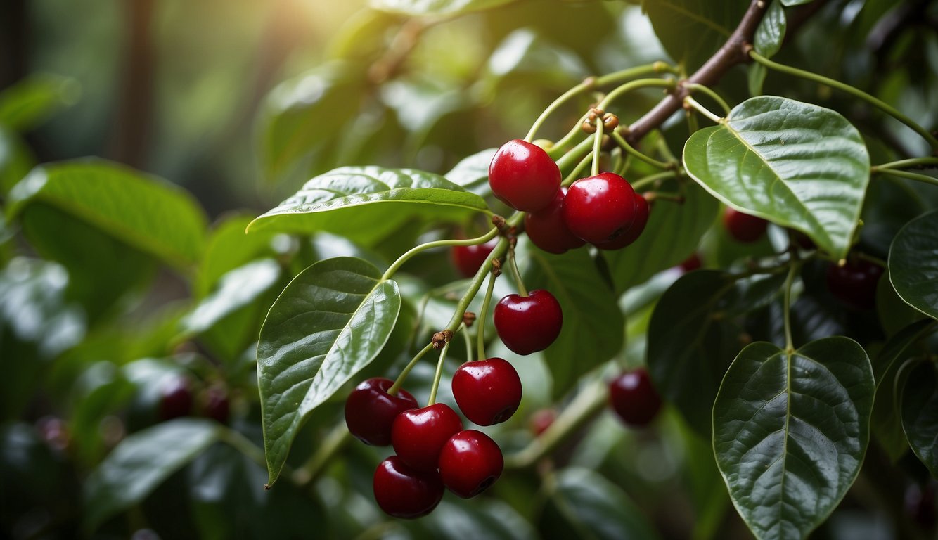 A close-up view of ripe red coffee cherries hanging from a branch, surrounded by lush green leaves.