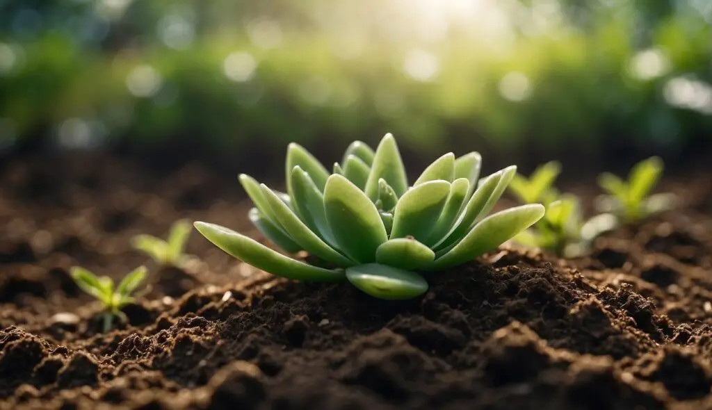 A jade plant cutting sprouting in fertile soil, bathed in sunlight.