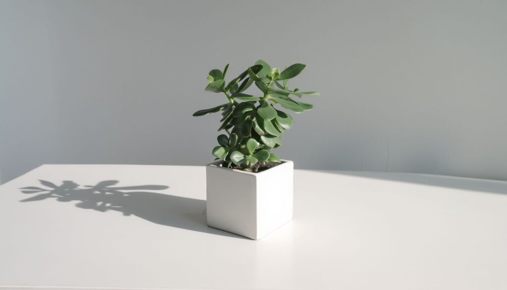 A small jade plant with thick, oval-shaped leaves in a white ceramic pot, casting a shadow on a white surface.