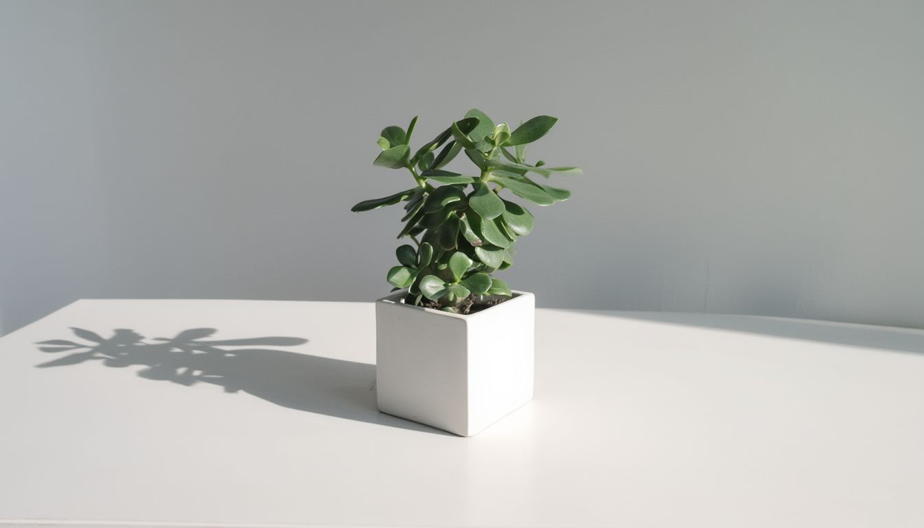 A small jade plant with thick, oval-shaped leaves in a white ceramic pot, casting a shadow on a white surface.