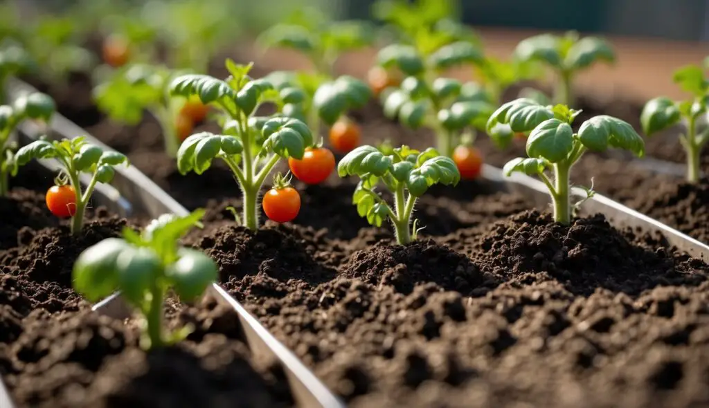 Young tomato plants with ripe tomatoes growing in a garden bed.