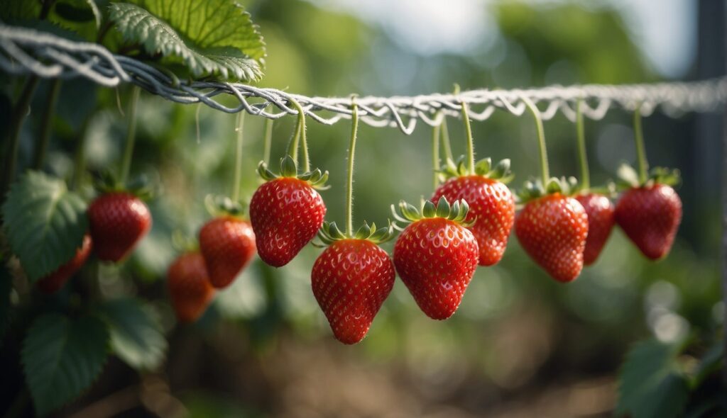 Strawberries hanging from a wire, kept off the ground.