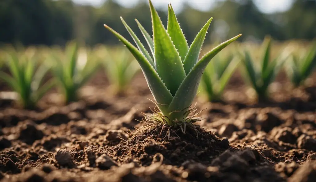 A close-up view of a young Aloe Vera plant with sharp, green leaves emerging from the soil, surrounded by other Aloe Vera plants in the background under bright sunlight.