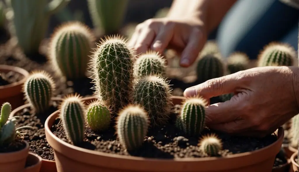 A person is transplanting cactus pups into pots, showcasing a step in the process of propagating new cacti from the parent plant.