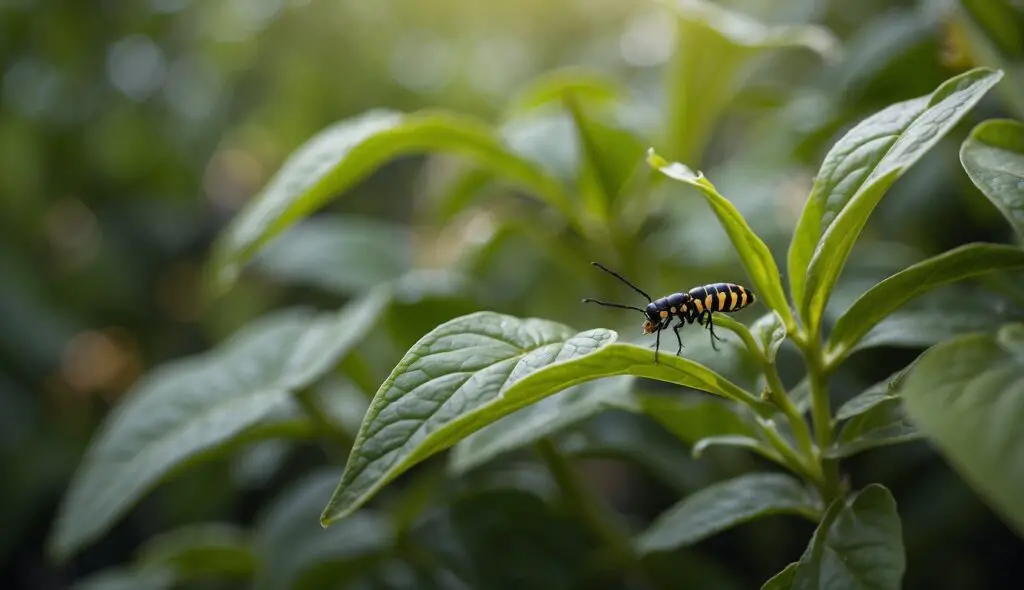 A striped insect is perched on the lush green leaves of a pepper plant, illuminated by soft sunlight filtering through the foliage.