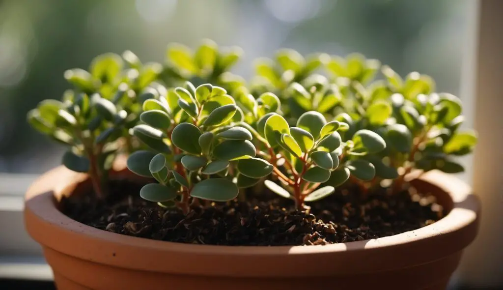 A close-up view of jade plant clippings thriving in a terracotta pot, illuminated by soft sunlight.