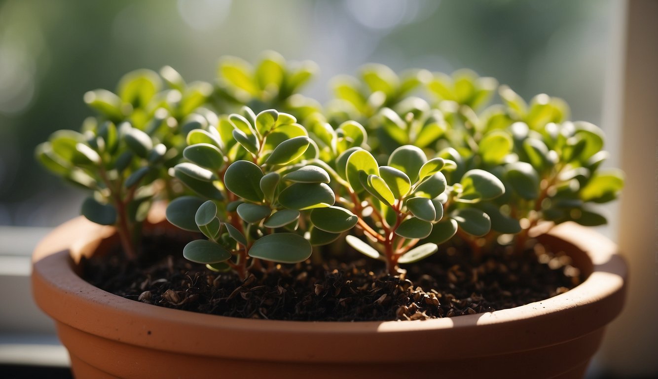 A close-up view of jade plant clippings thriving in a terracotta pot, illuminated by soft sunlight.