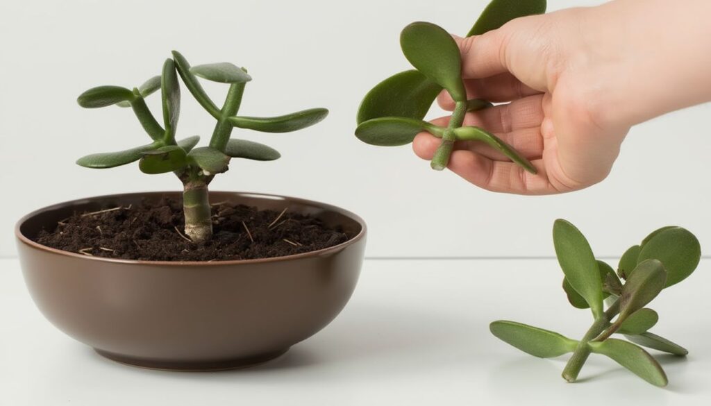 Hand holding a jade plant cutting above a brown pot with soil and another cutting nearby.