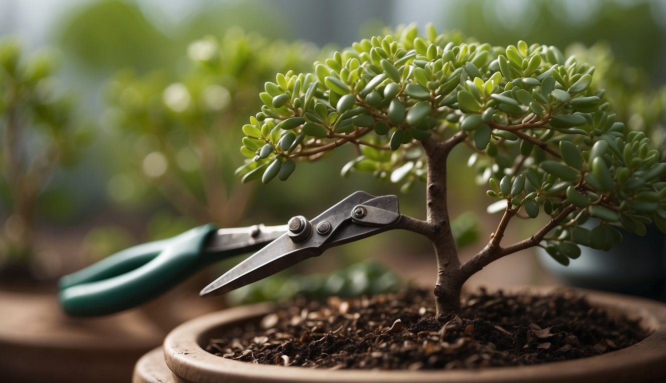A vibrant jade plant ready to be pruned, with a pair of green-handled pruning shears placed nearby.